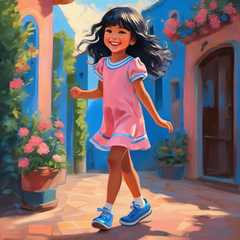 Niña con cabello negro, vestido rosado y zapatos azules feliz jugando y sonriendo