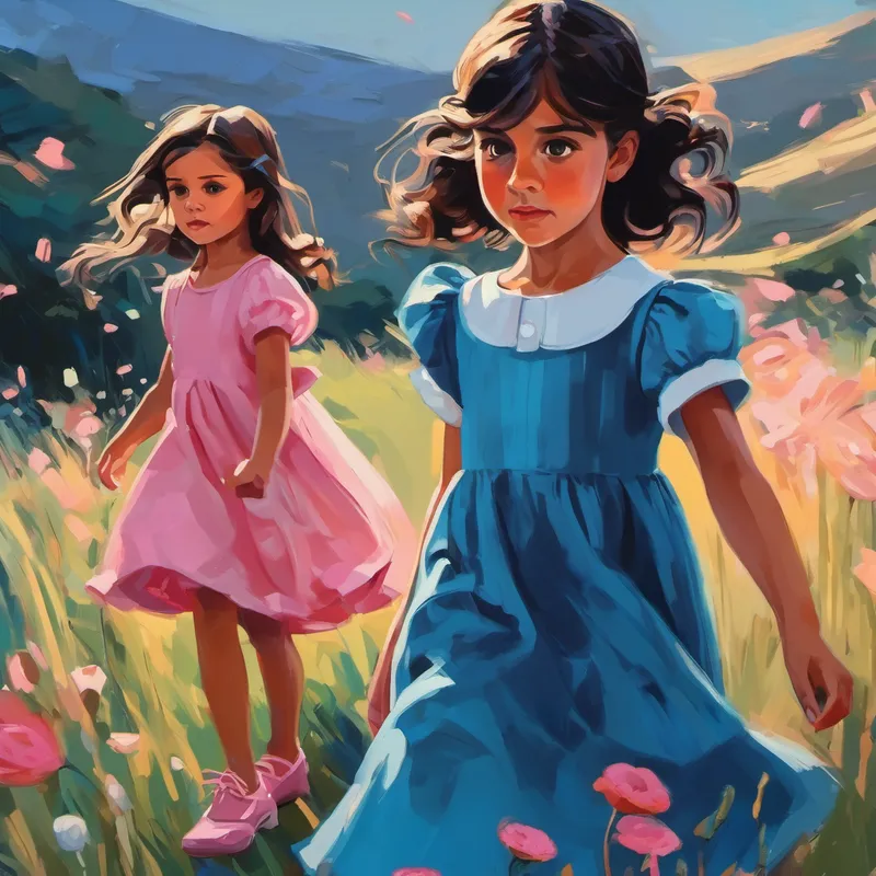 Niños sorprendidos y admirando a Niña con cabello negro, vestido rosado y zapatos azules