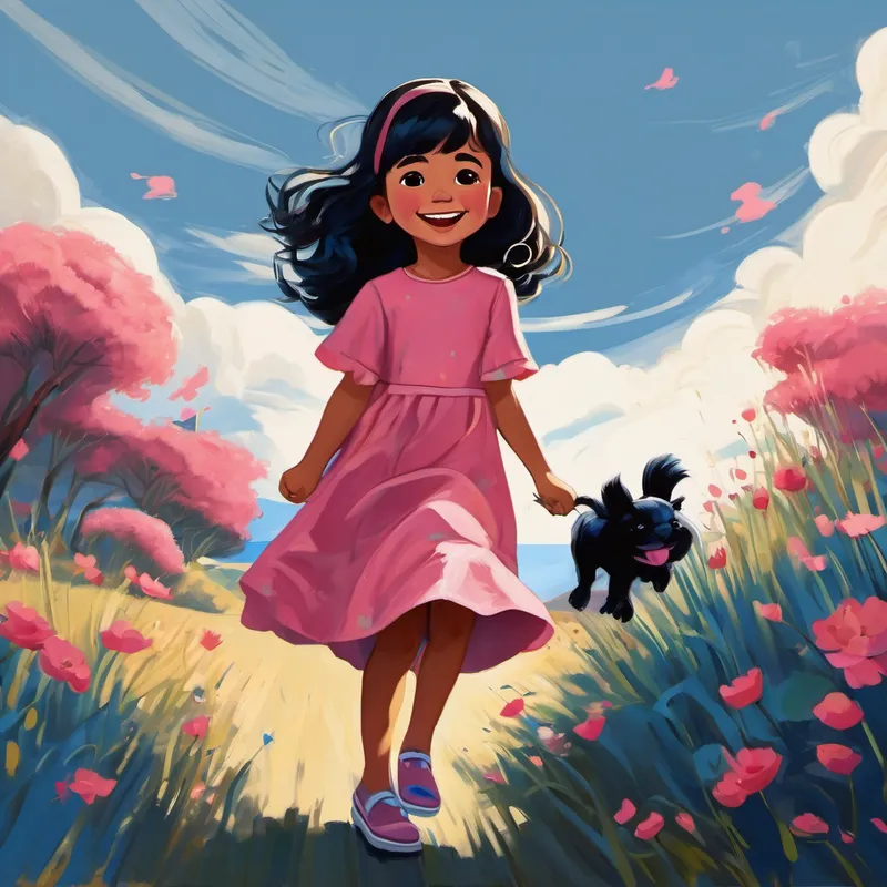 Niña con cabello negro, vestido rosado y zapatos azules rodeada de amigos riendo y jugando