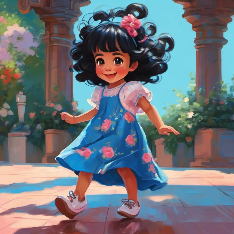 Niña con cabello negro, vestido rosado y zapatos azules saltando de alegría rodeada de amigos