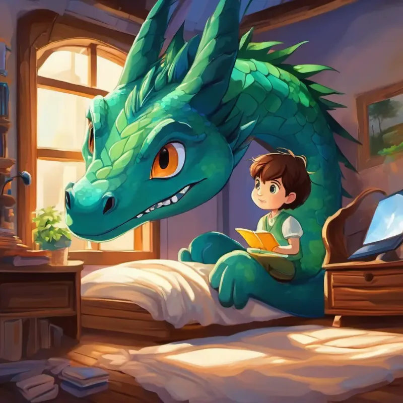 kleiner Junge mit braunen Haaren und blauen Augen liegt in seinem Bett in seinem Zimmer. Durch das Fenster sieht er einen großen, freundlichen großer, freundlicher Drache mit grüner Haut und gelben Augenn vor seinem Haus stehen.