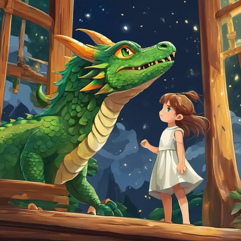 kleiner Junge mit braunen Haaren und blauen Augen klettert aus dem Fenster und steigt auf den Rücken des großer, freundlicher Drache mit grüner Haut und gelben Augenns. Der großer, freundlicher Drache mit grüner Haut und gelben Augen fliegt hoch in den Nachthimmel.