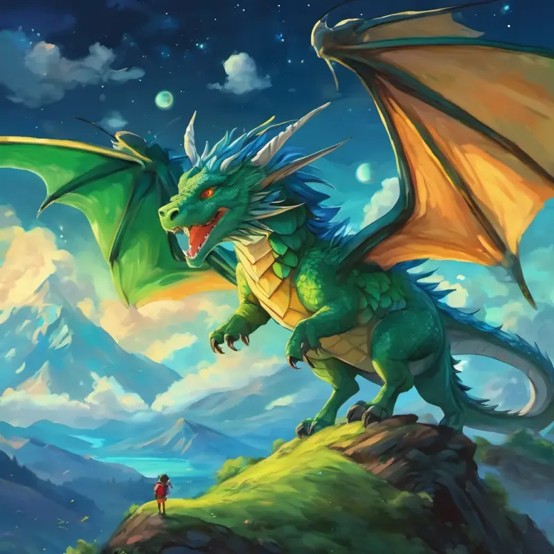 Der großer, freundlicher Drache mit grüner Haut und gelben Augen und kleiner Junge mit braunen Haaren und blauen Augen fliegen durch einen sternenklaren Himmel über Wälder und Berge.