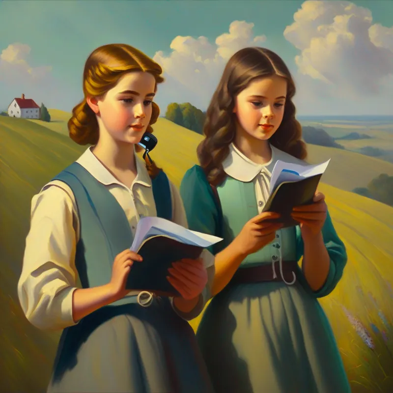 Two girls standing on a hill, holding letters and talking on phones