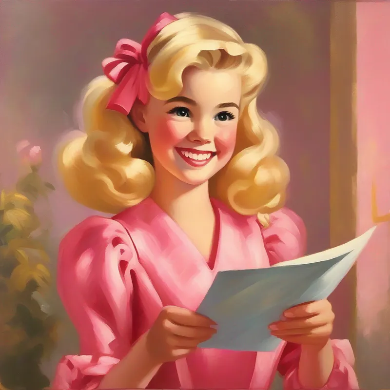 Lily - Blonde hair, wearing a pink dress, with a big smile holding a letter, looking concerned
