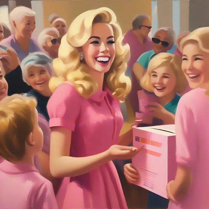Lily - Blonde hair, wearing a pink dress, with a big smile speaking to a group of people, surrounded by donation boxes