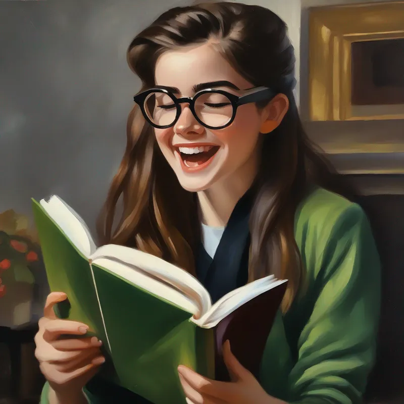 Emma - Brown hair, wearing glasses, holding a book holding a package, tears of joy streaming down her face