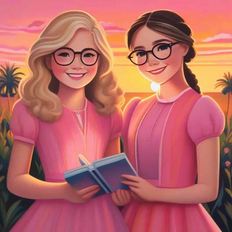 Lily - Blonde hair, wearing a pink dress, with a big smile and Emma - Brown hair, wearing glasses, holding a book's silhouettes against a sunset, holding hands