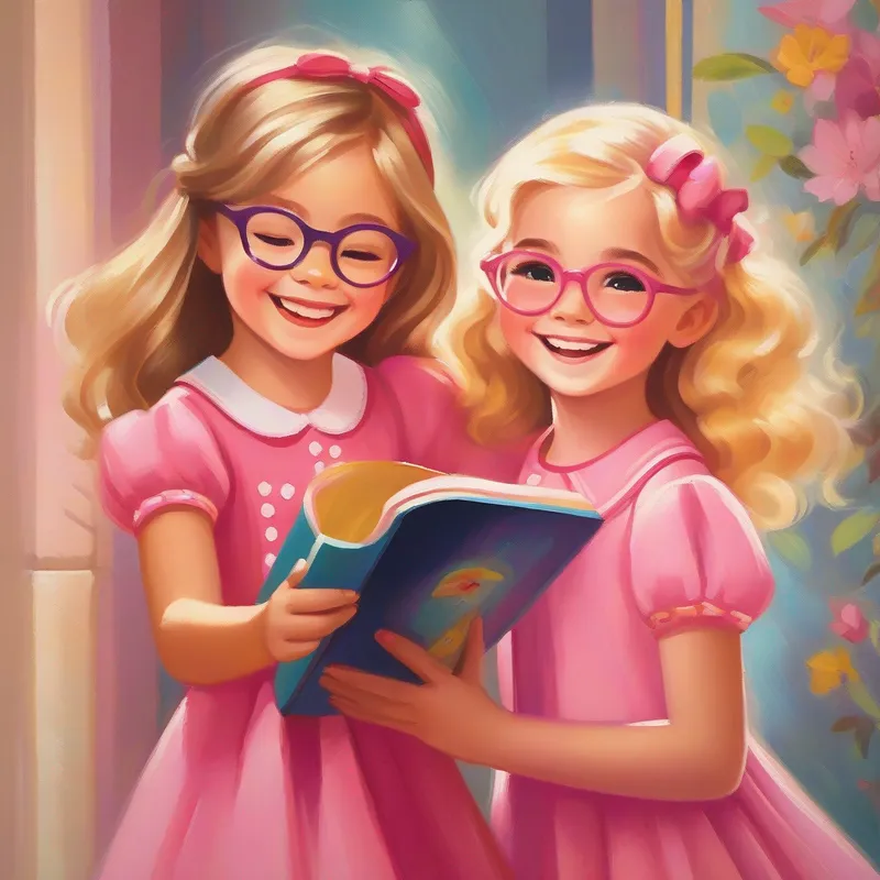 Lily - Blonde hair, wearing a pink dress, with a big smile and Emma - Brown hair, wearing glasses, holding a book hugging, smiling with joy