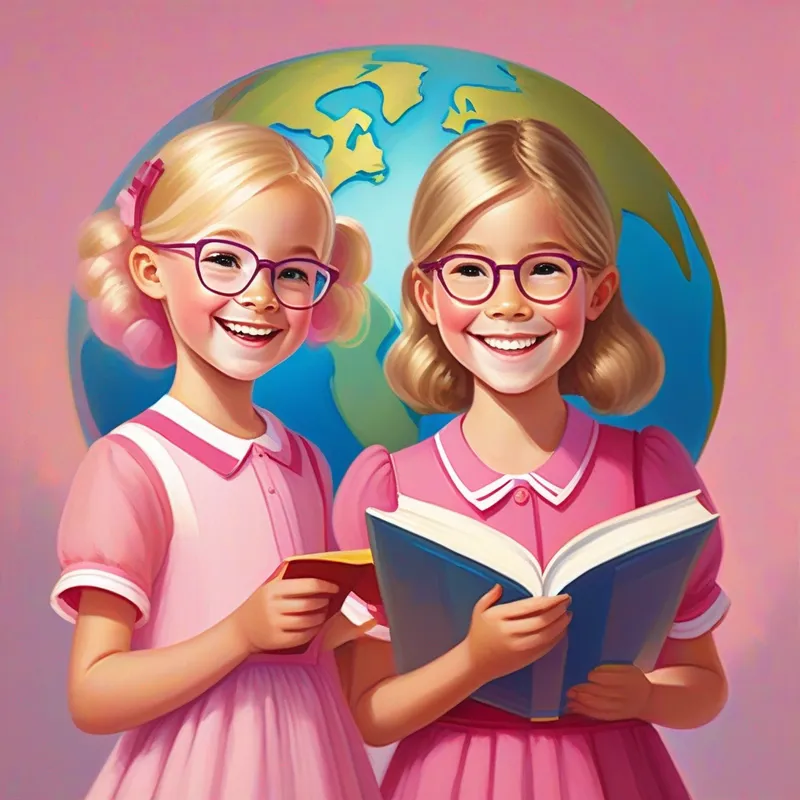 Lily - Blonde hair, wearing a pink dress, with a big smile and Emma - Brown hair, wearing glasses, holding a book with a globe symbolizing worldwide friendship