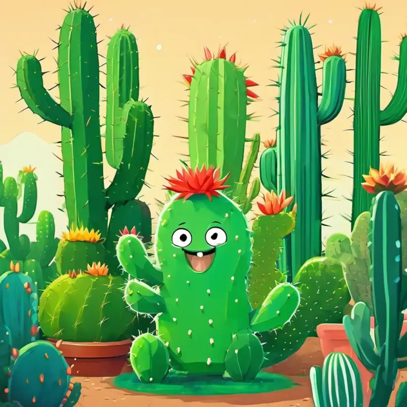 In a colorful garden, there was a small cactus named Perry is a small cactus with sharp spines all over his body He is green and has a happy smile with sharp spines.