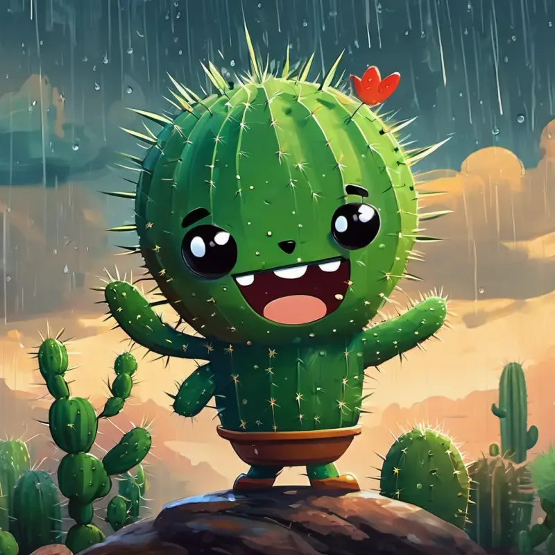 Dark clouds filled the sky, and raindrops fell gently on Perry is a small cactus with sharp spines all over his body He is green and has a happy smile, making him feel loved.