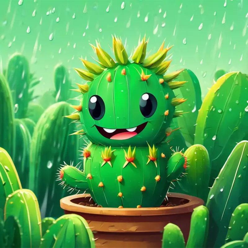 Perry is a small cactus with sharp spines all over his body He is green and has a happy smile realized that raindrops were like hugs from nature, making him feel special.