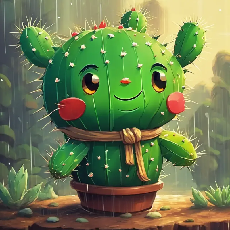 Perry is a small cactus with sharp spines all over his body He is green and has a happy smile embraced his uniqueness and felt grateful for the rain's love.