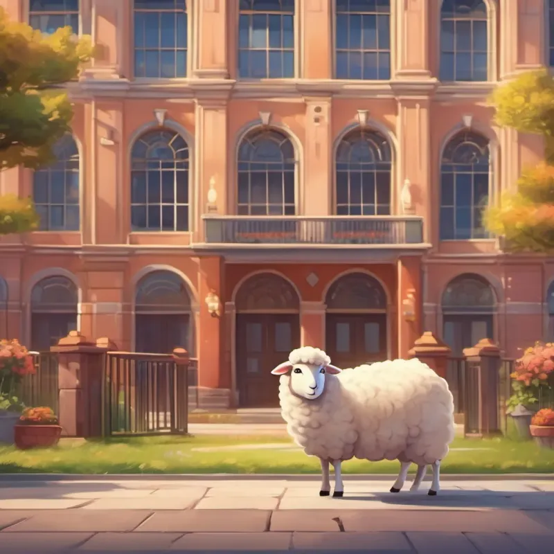 A fluffy sheep with a bright expression standing in front of a beautiful high school building.
