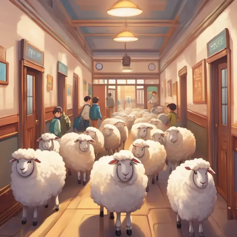 Fluffy sheep with a bright, happy expression and a white woolly coat the sheep walking through a bustling high school hallway, surrounded by friendly smiling faces.