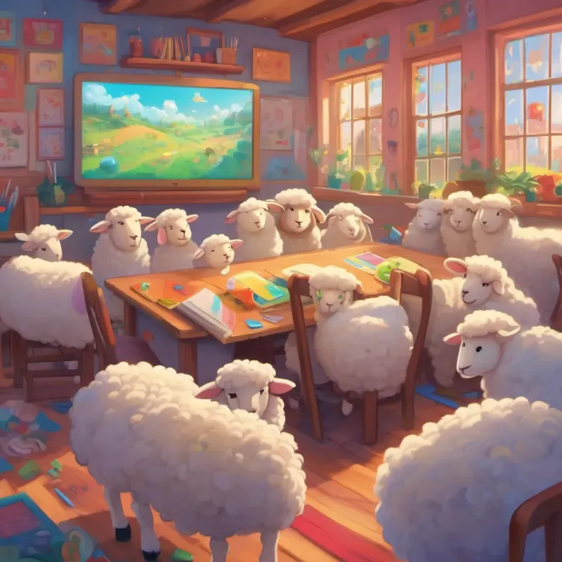 Fluffy sheep with a bright, happy expression and a white woolly coat and his friends sitting in a colorful classroom watching a funny video on a big screen.