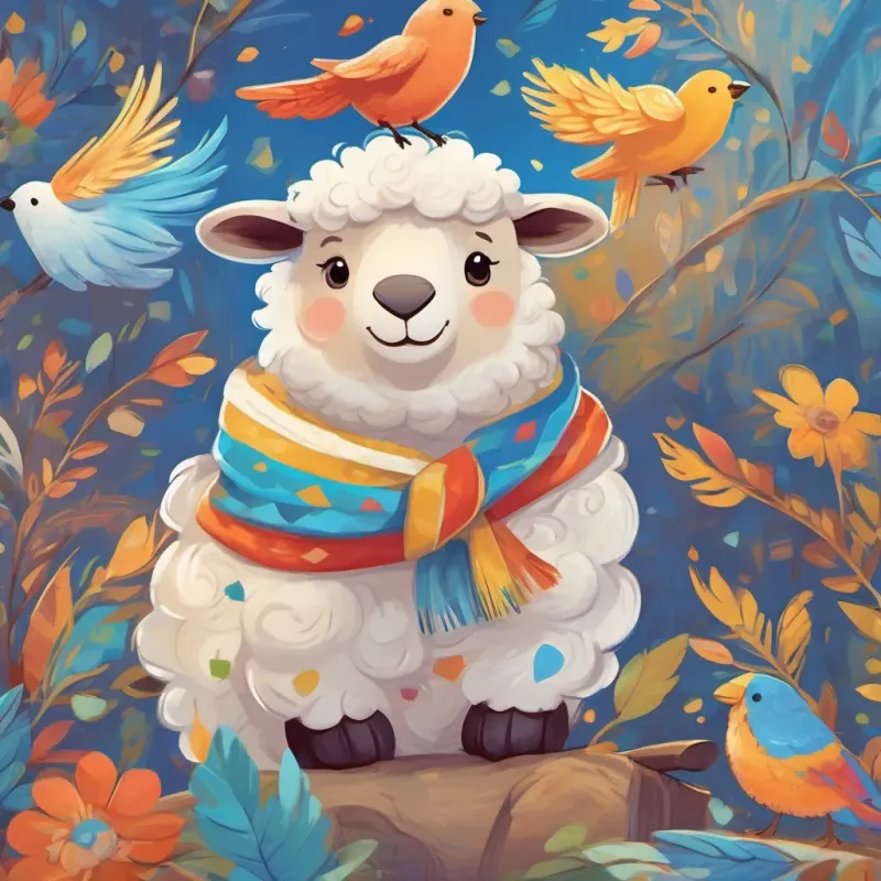 Fluffy sheep with a bright, happy expression and a white woolly coat greeting his friends Friendly brown bear with a big smile, wearing a colorful scarf (a friendly bear) and Cheerful blue bird with vibrant feathers, always ready to fly high (a cheerful blue bird) in the classroom.