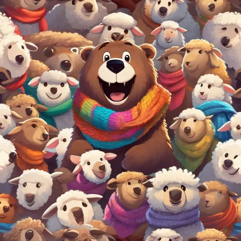 Friendly brown bear with a big smile, wearing a colorful scarf and Fluffy sheep with a bright, happy expression and a white woolly coat the sheep excitedly pointing at the video screen, with wide grins on their faces.