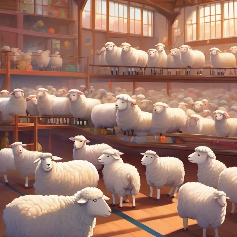 Fluffy sheep with a bright, happy expression and a white woolly coat and his friends participating in various physical activities in a brightly lit gymnasium.
