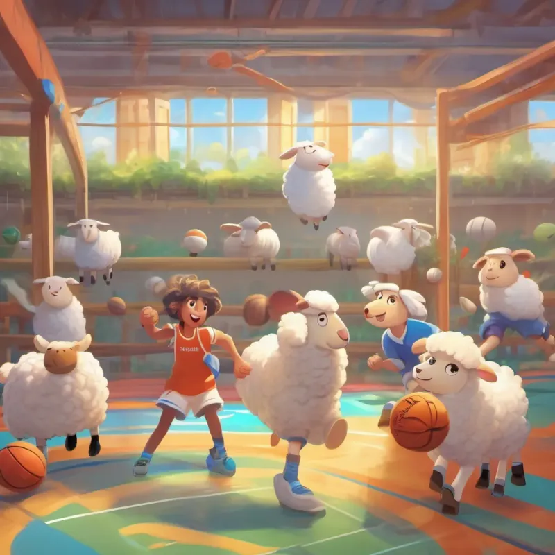 Fluffy sheep with a bright, happy expression and a white woolly coat and friends energetically playing sports like basketball and soccer in the gym.