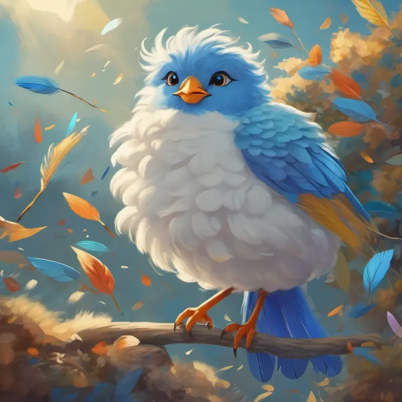 Cheerful blue bird with vibrant feathers, always ready to fly high flying in the air gracefully as Fluffy sheep with a bright, happy expression and a white woolly coat cheers him on from below.