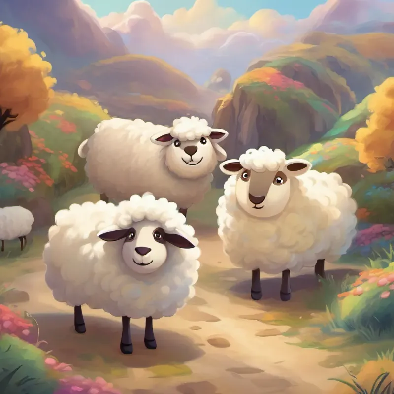 Fluffy sheep with a bright, happy expression and a white woolly coat and his friends high-fiving and hugging, looking happy and tired at the end of their fun day.