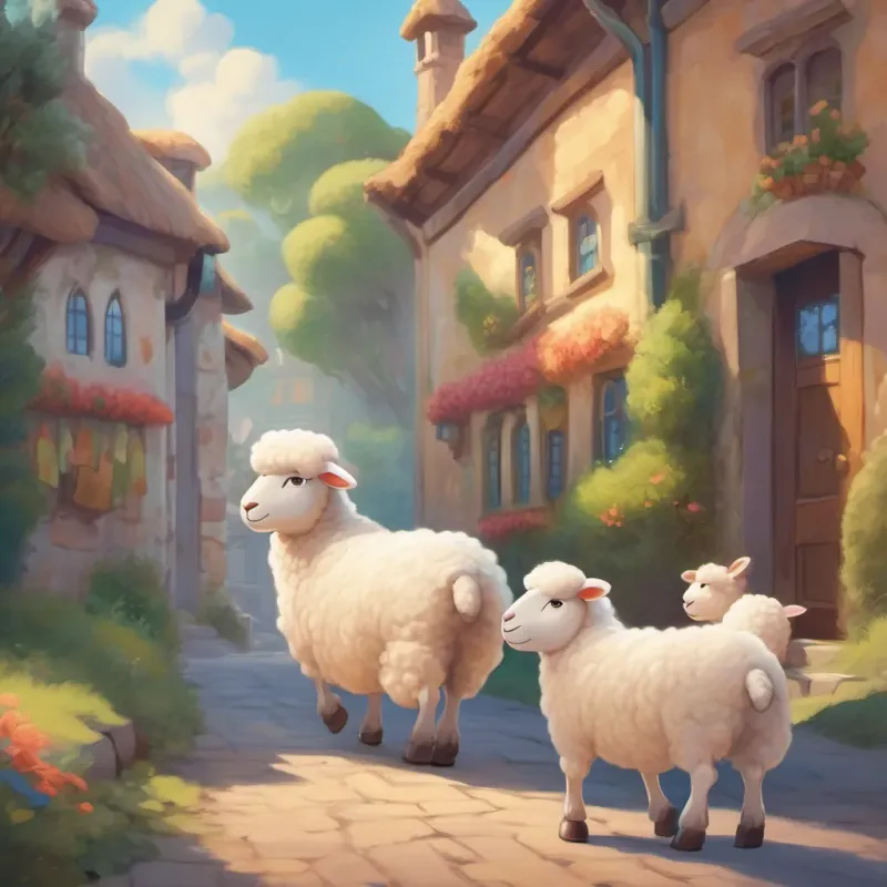 Fluffy sheep with a bright, happy expression and a white woolly coat waving goodbye to his friends with a happy smile as he leaves the school.