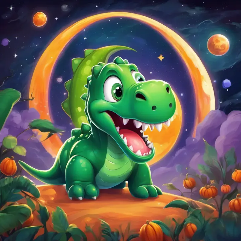 Big, green dinosaur with a friendly smile and bright, sparkly eyes floating in space, gazing at Saturn's rings and Mars in the distance, grinning from ear to ear.