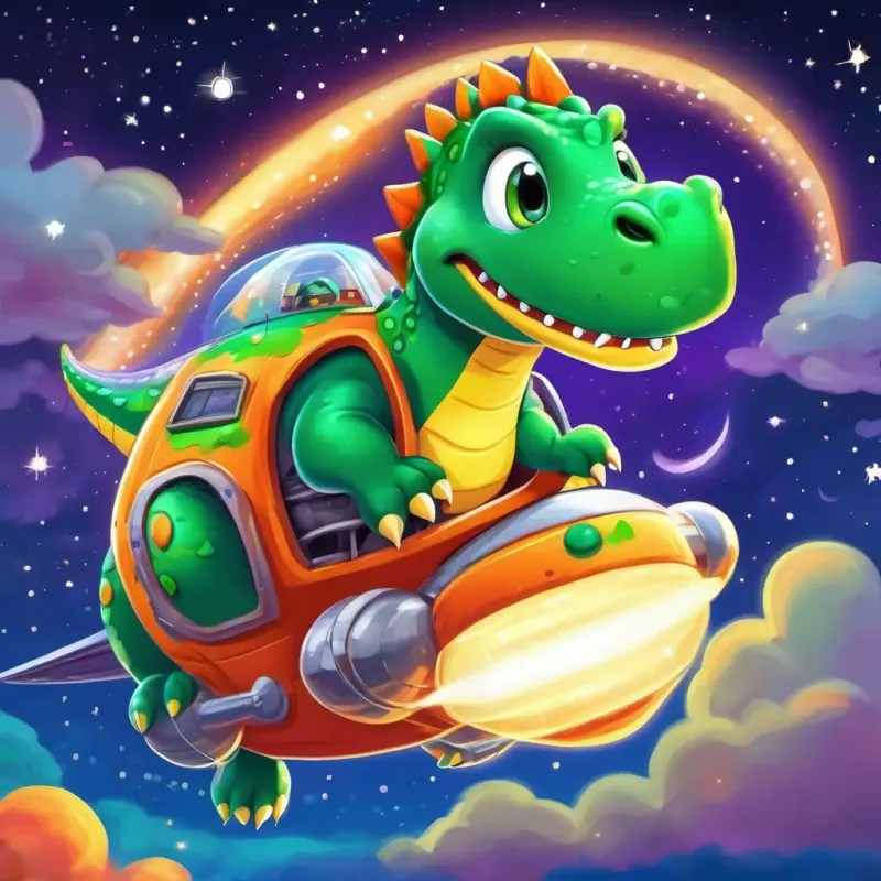 Big, green dinosaur with a friendly smile and bright, sparkly eyes waving from his spaceship as he flies past the stars, all aglow in different colors.