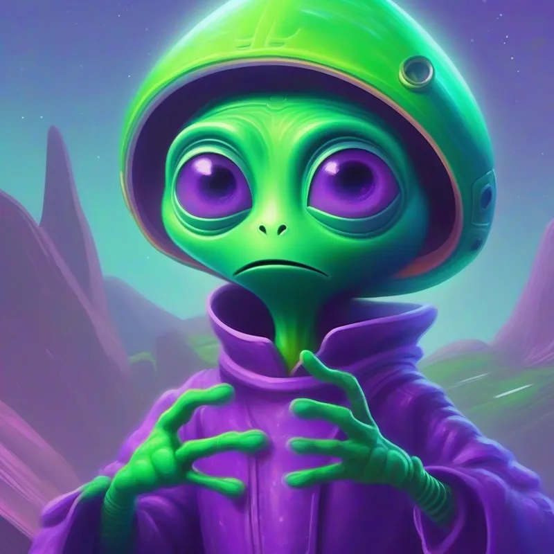 Green alien with purple clothes, three-fingered hands, and expressive eyes.'s spaceship crashes, disguised as a human.
