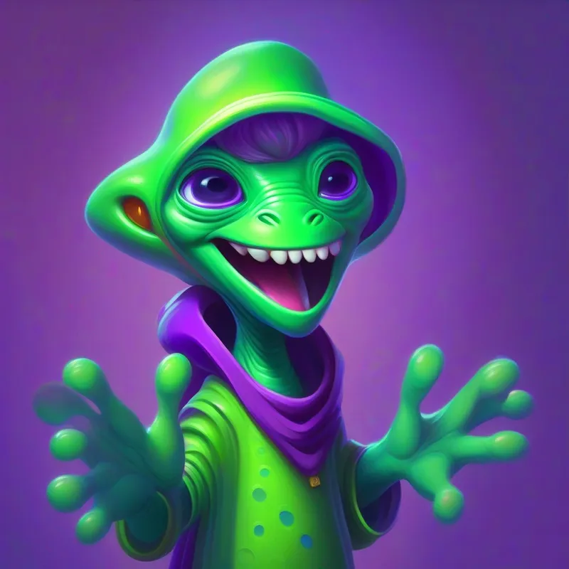 Green alien with purple clothes, three-fingered hands, and expressive eyes. observing human handshakes and imitating them.
