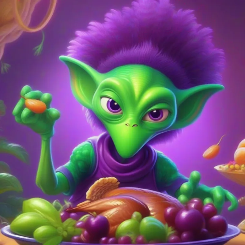 Green alien with purple clothes, three-fingered hands, and expressive eyes. eating the turkey centerpiece with a puzzled expression.