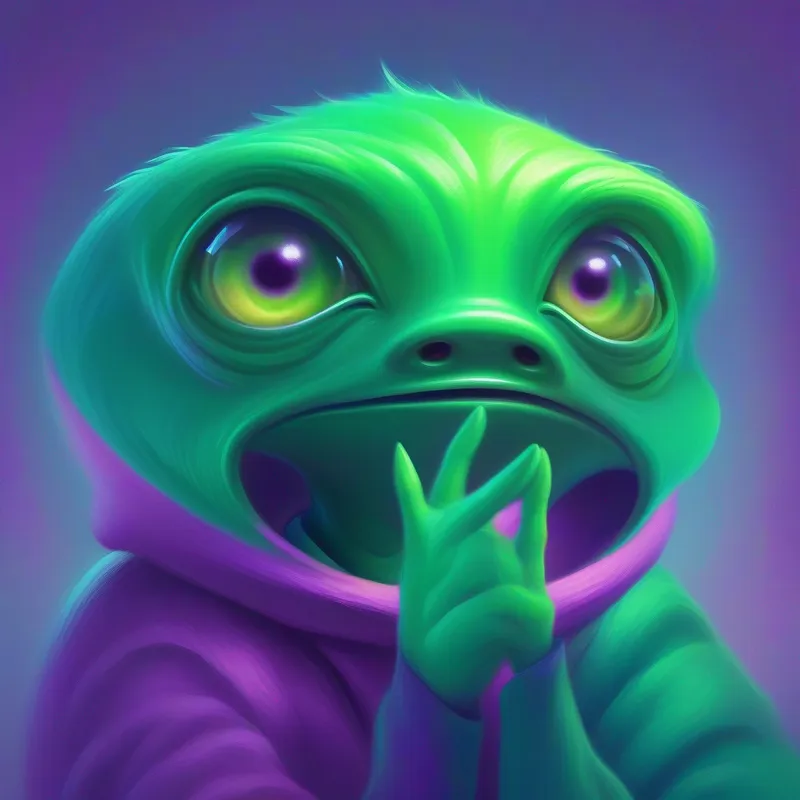 Green alien with purple clothes, three-fingered hands, and expressive eyes. accidentally scoring a goal and apologizing honestly.