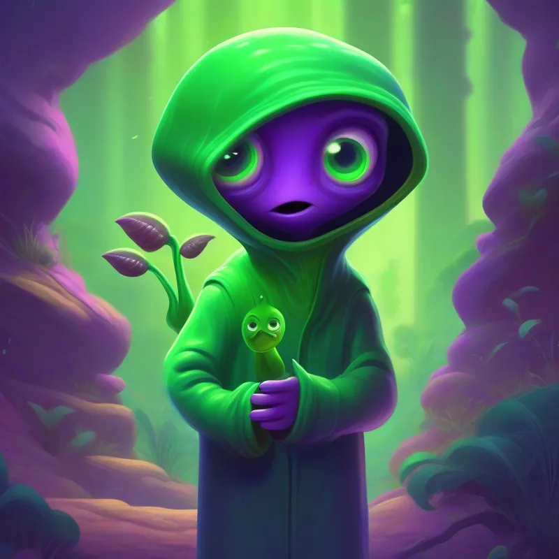 Green alien with purple clothes, three-fingered hands, and expressive eyes. presenting a live worm as a gift with confused children.