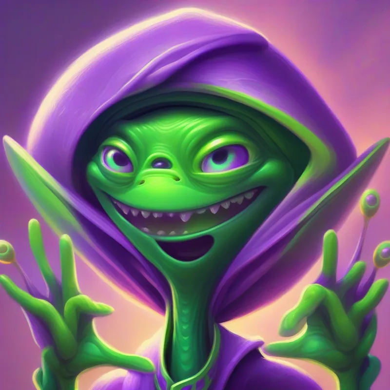 Green alien with purple clothes, three-fingered hands, and expressive eyes. wishing humans good luck at a wedding reception.