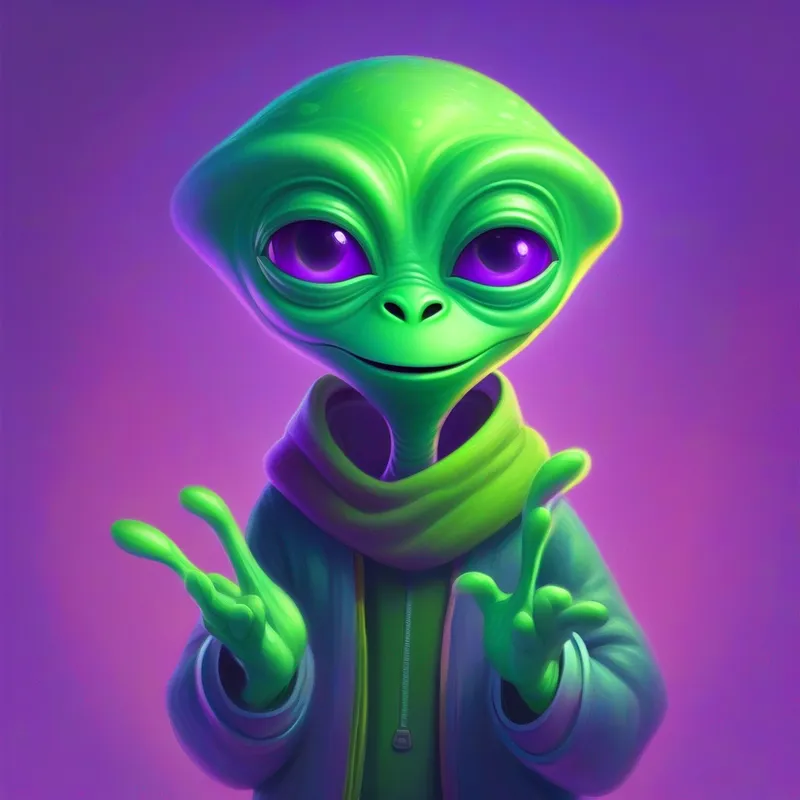 Green alien with purple clothes, three-fingered hands, and expressive eyes. sharing his knowledge with fellow aliens about positive communication.