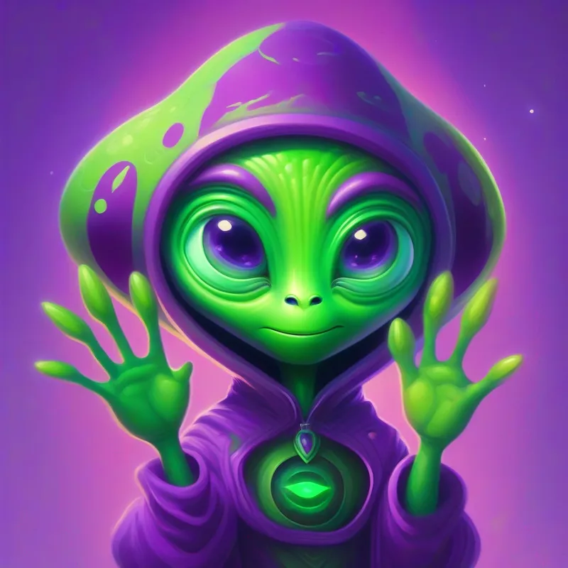 Green alien with purple clothes, three-fingered hands, and expressive eyes. bridging the gap between different worlds with positive communication.