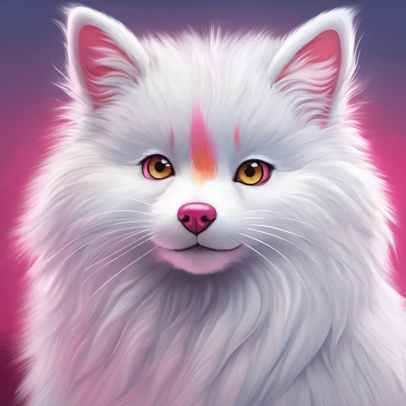 Fluffy white fur, pink nose with fluffy white fur and pink nose