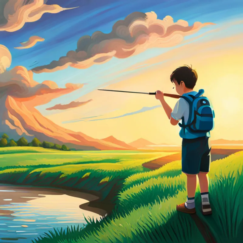 El niño observando su dibujo de un cohete