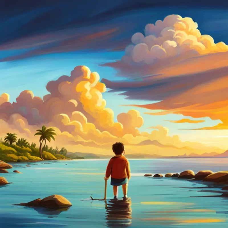 El niño mirando el dibujo del cohete con determinación