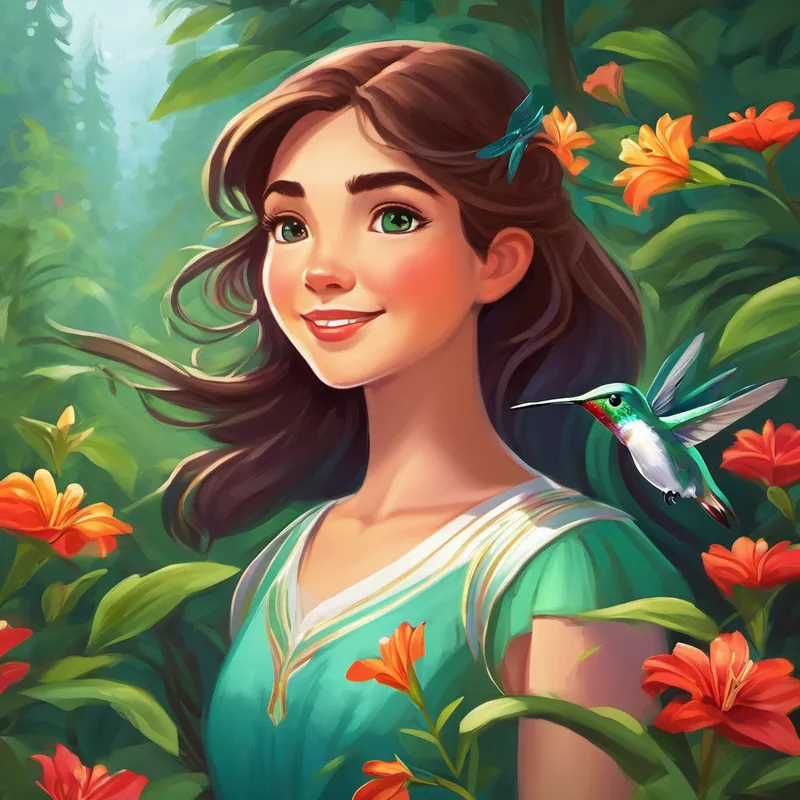 Just as Lily was about to pick a flower, a friendly hummingbird flew towards her. "Greetings, Lily! I am Ruby, the guardian of dreams," said the hummingbird. "Follow me, and I will show you the wonders of this dream world." Lily, now wearing her dream-filled smile, eagerly followed Ruby through a lush forest, where trees whispered ancient tales and birds sang enchanting melodies. They reached a sparkling lake, so clear that Lily could see her reflection in it.