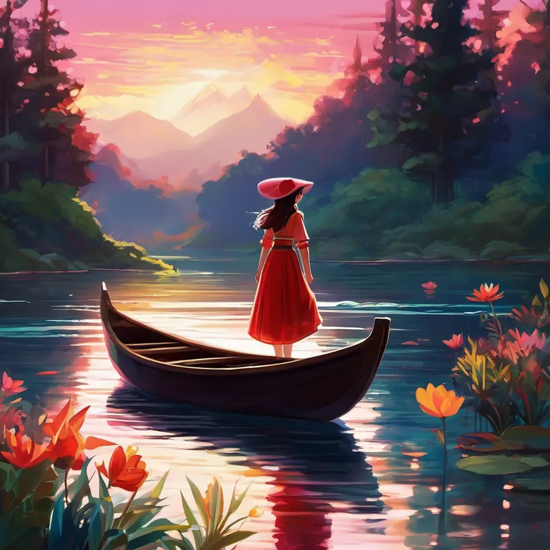 Ruby led her to the water's edge, and with a gentle touch, transformed the lake into a magical portal. "Step into the water," said Ruby. "On the other side, you'll find the hidden realm of dreams." With a mixture of curiosity and excitement, Lily stepped into the shimmering lake. As her feet touched the water, she felt a warm sensation flowing from her toes to the top of her head. Suddenly, the world around her transformed into a whirlwind of colors and magical creatures.