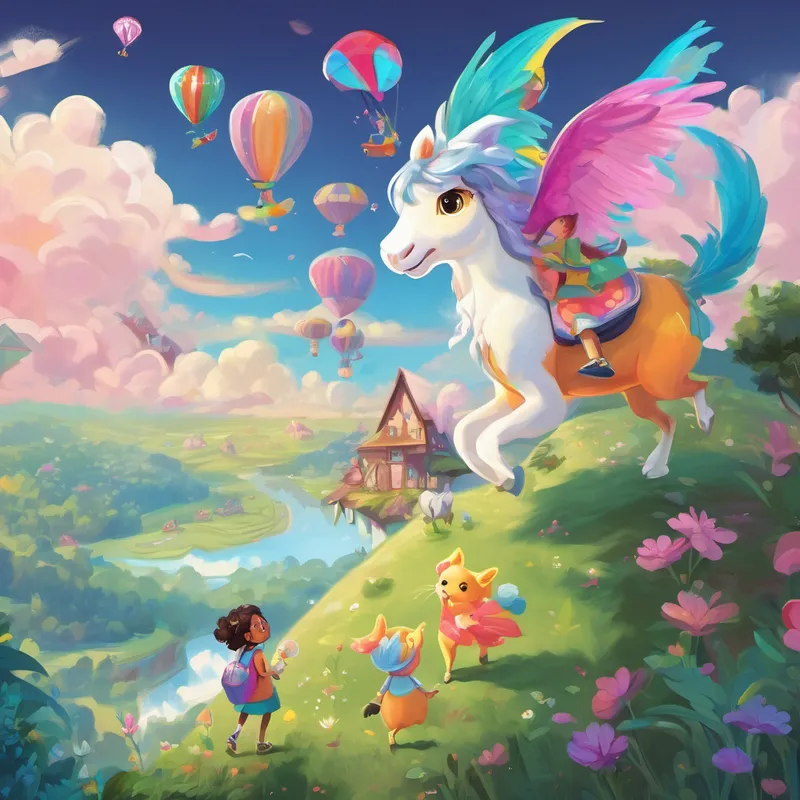 Lily found herself in a land of talking animals and flying unicorns. There were singing rabbits and musical frogs, all happily living together. The skies were filled with colorful kites, and cotton candy clouds floated above. For what felt like hours, Lily played, laughed, and danced with her newfound friends. They explored secret caves, flew high on the backs of eagles, and even had a picnic with friendly dragons.