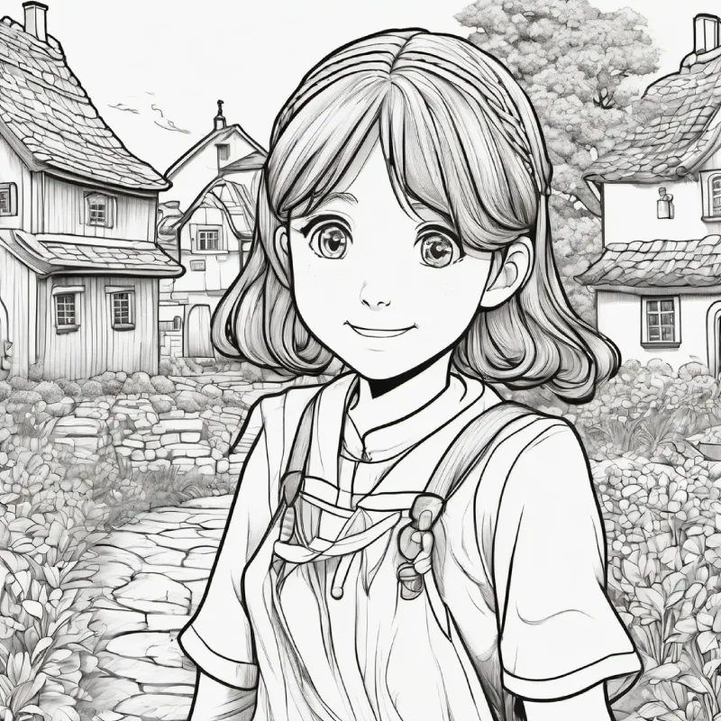 Introduction of main character girl, brown hair, blue eyes, setting in a small village.