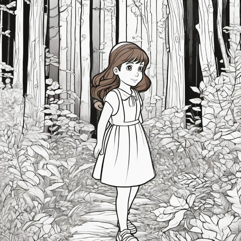 girl, brown hair, blue eyes exploring the forest, a place she finds full of wonders.