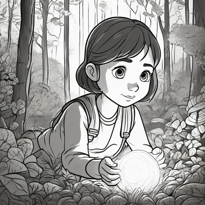 girl, brown hair, blue eyes finds a glowing pebble in the forest, amazed by it.
