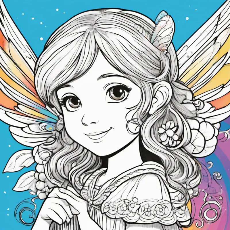 girl, brown hair, blue eyes happily accepts tiny fairy, bright, colorful wings's friendship offer, beginning their friendship.