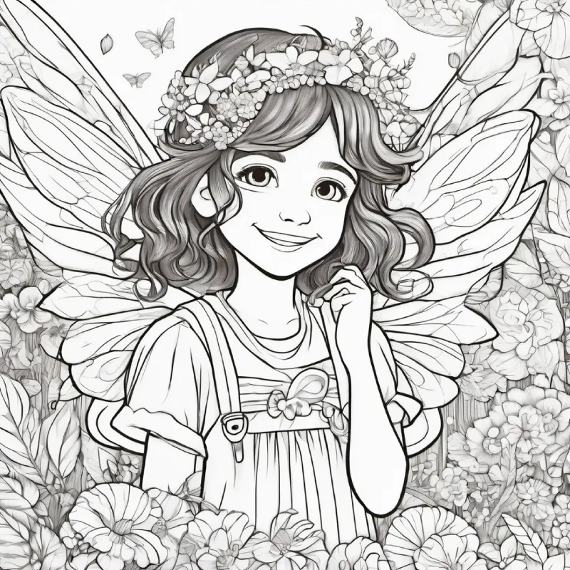 girl, brown hair, blue eyes and tiny fairy, bright, colorful wings go on daily adventures, laughing and learning together.