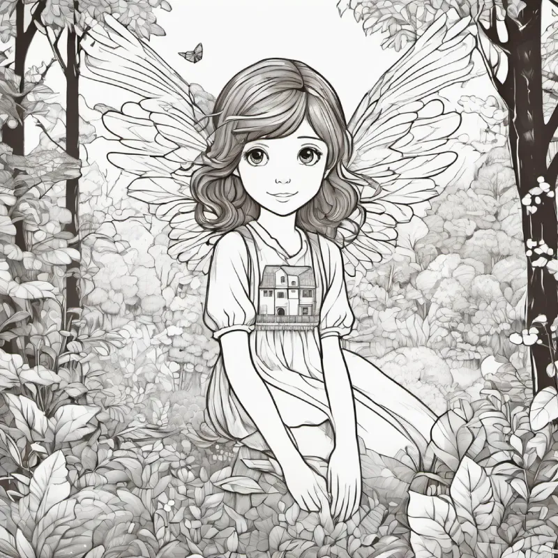 girl, brown hair, blue eyes and tiny fairy, bright, colorful wings share their worlds with each other, village and forest.